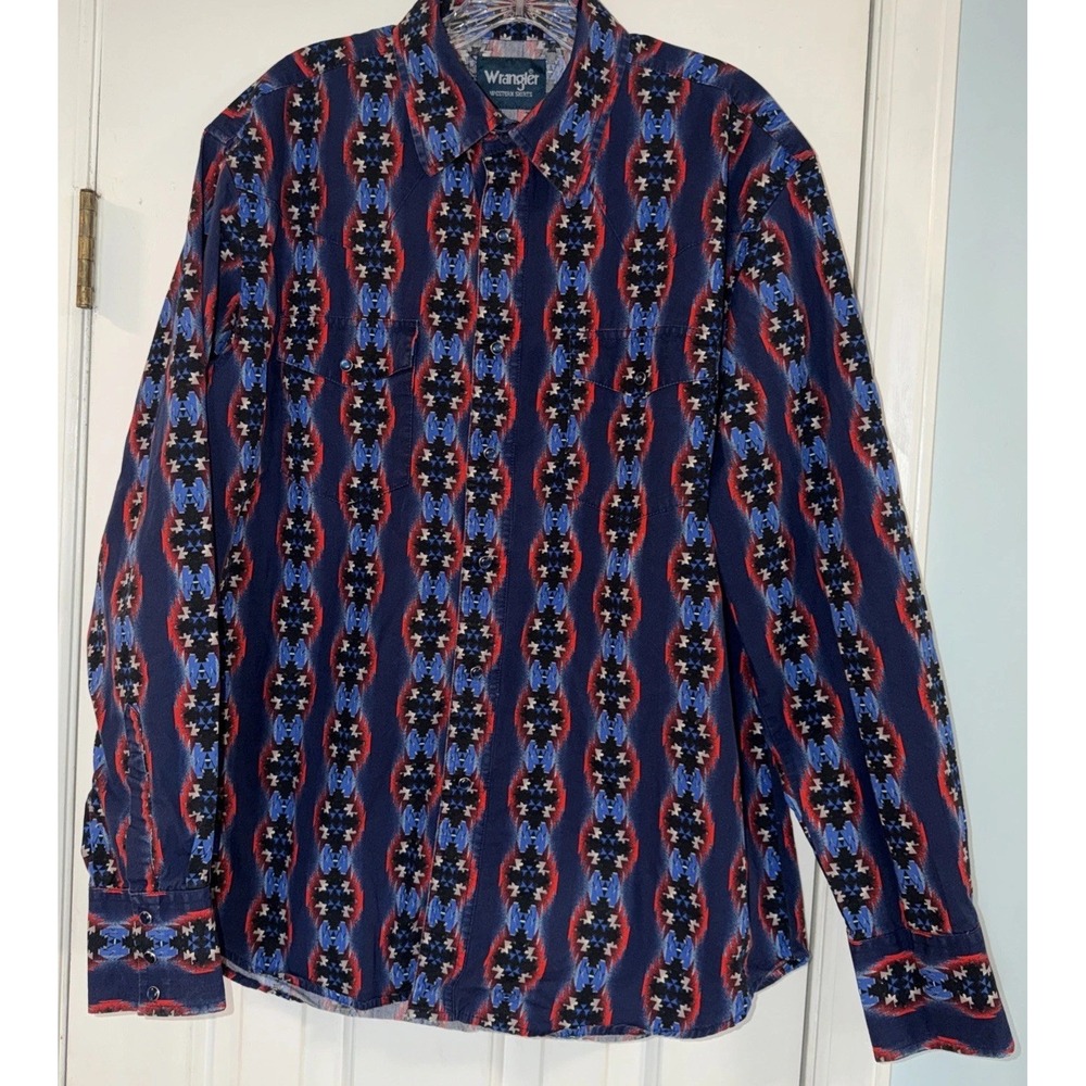 Vintage Wrangler Pearl Snap Western Checotah Shirt Mens L Cream Aztec Rodeo